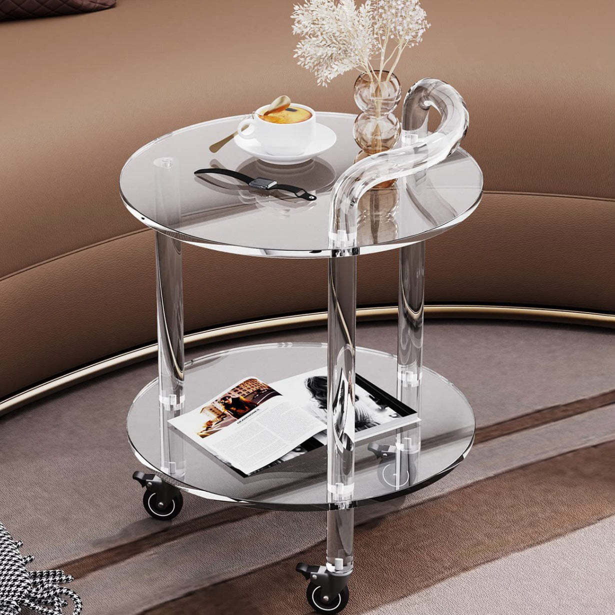 Contemporary Acrylic 2-Tier Rolling End Table