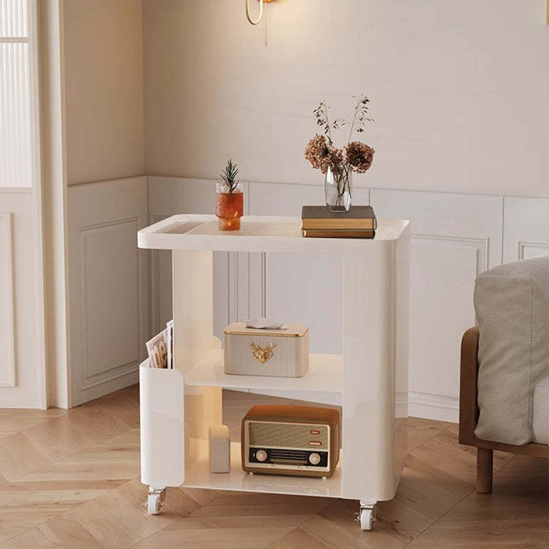 Mid-Century Ribbed Glass Iron 3-Tier End Table — White / Glass Table Top With Wheels & Light