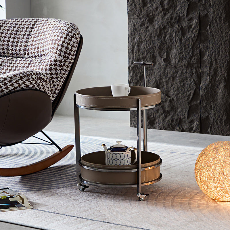 Mid-Century Saddle Leather Steel 2-Tier End Table — Brown