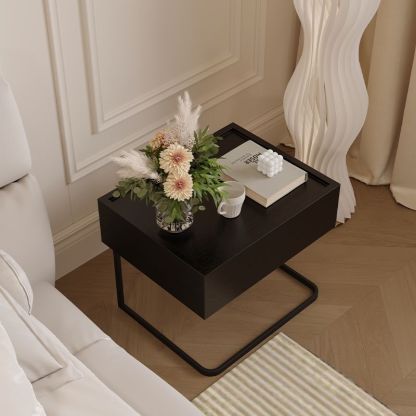 Minimalist Wood Glass 1-Drawer Nightstand