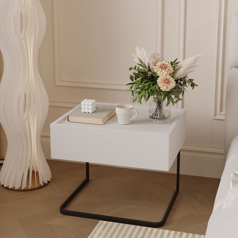 Minimalist Wood Glass 1-Drawer Nightstand — White