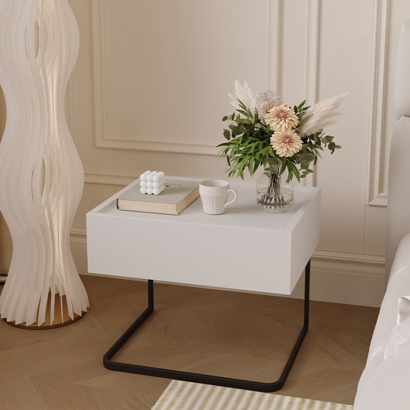 Minimalist Wood Glass 1-Drawer Nightstand — White