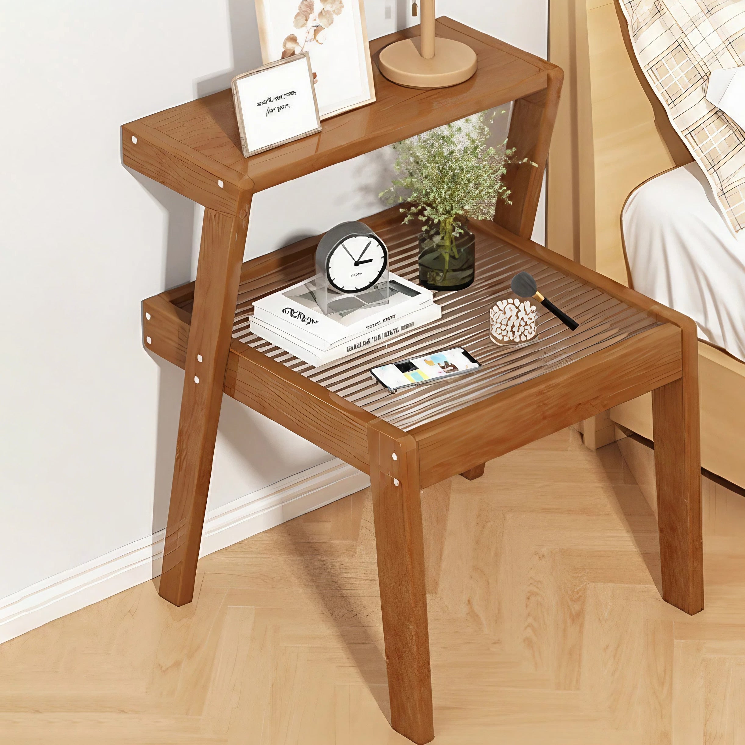 Minimalist Wood Glass 2-Tier Nightstand