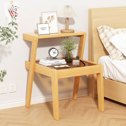 Minimalist Wood Glass 2-Tier Nightstand