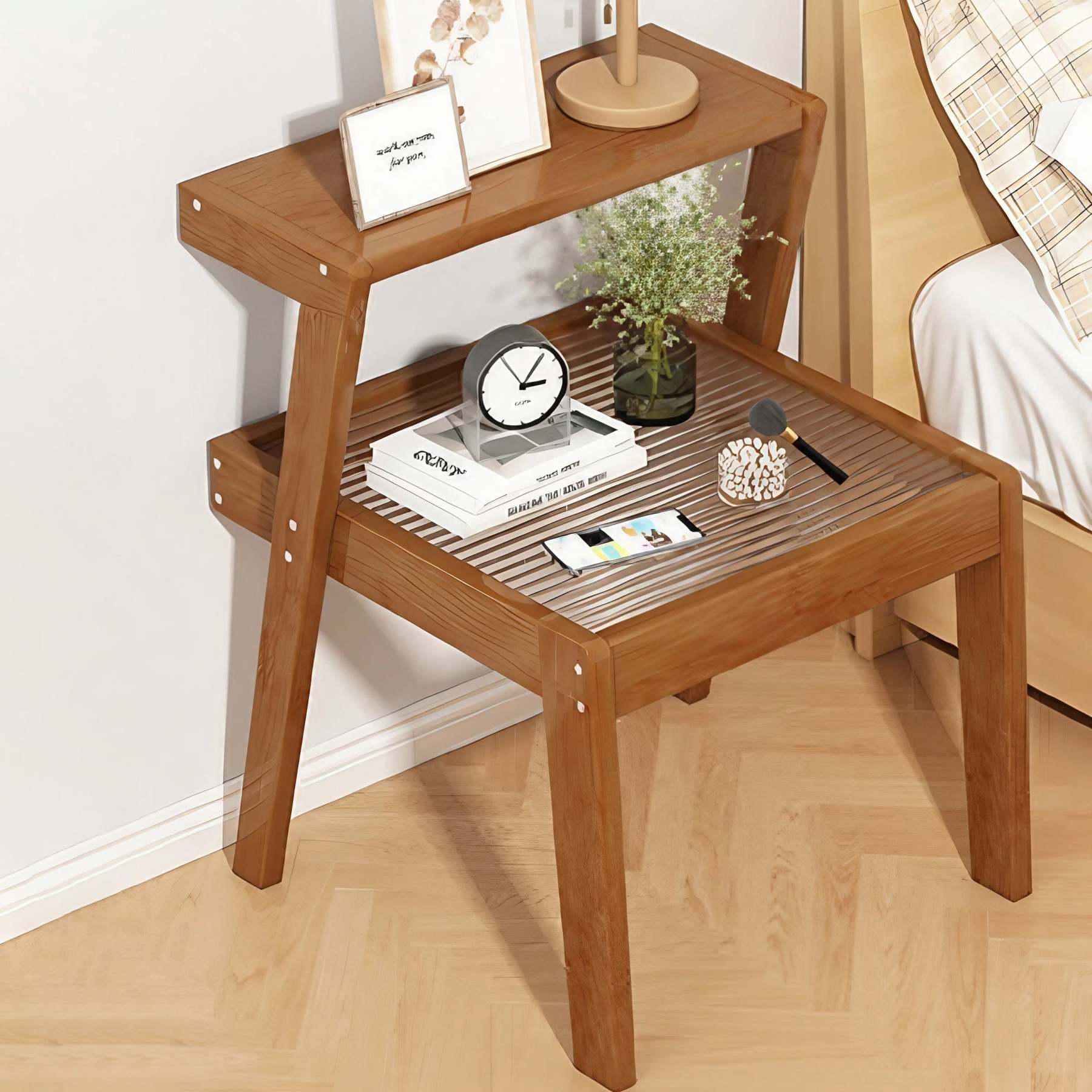 Minimalist Wood Glass 2-Tier Nightstand