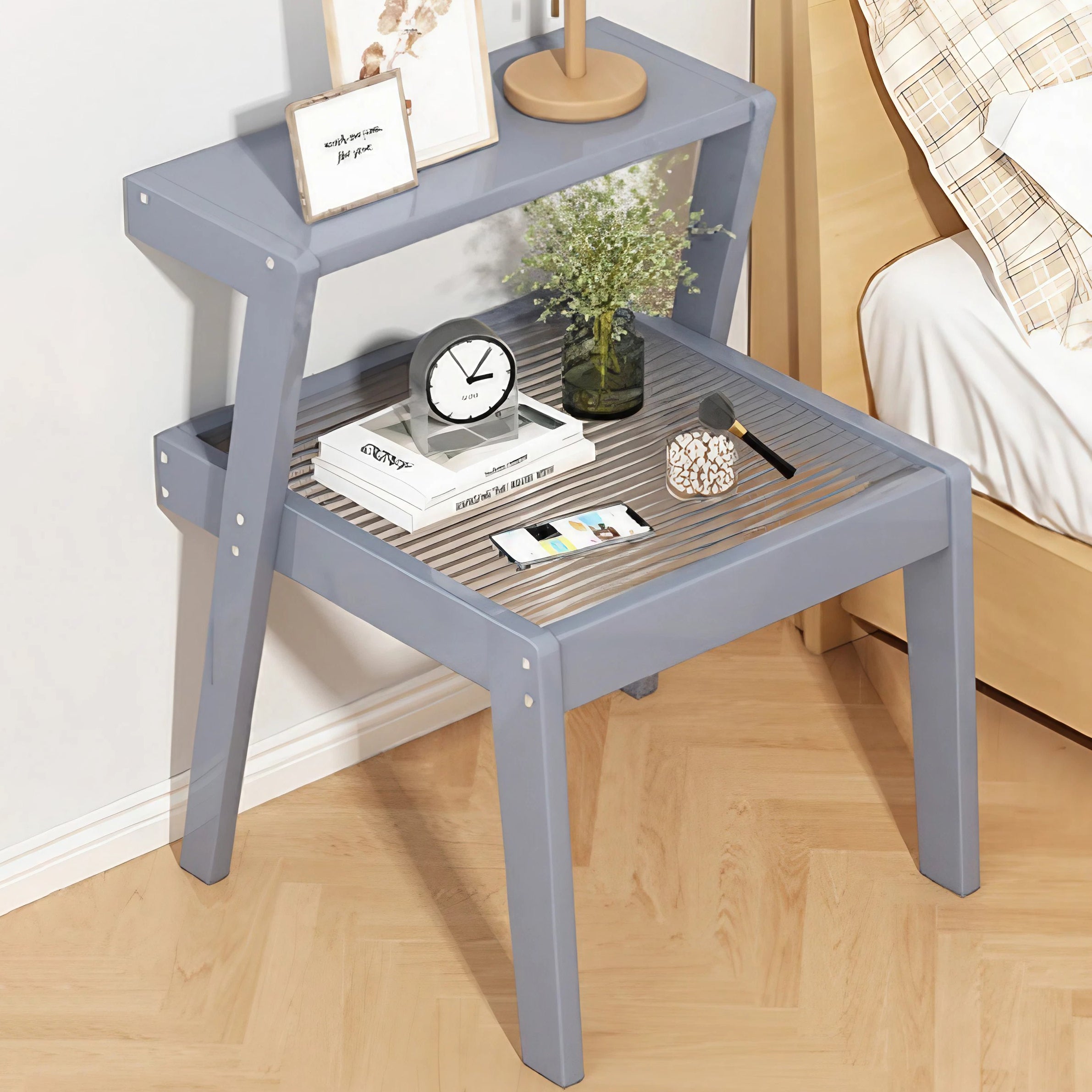 Minimalist Wood Glass 2-Tier Nightstand