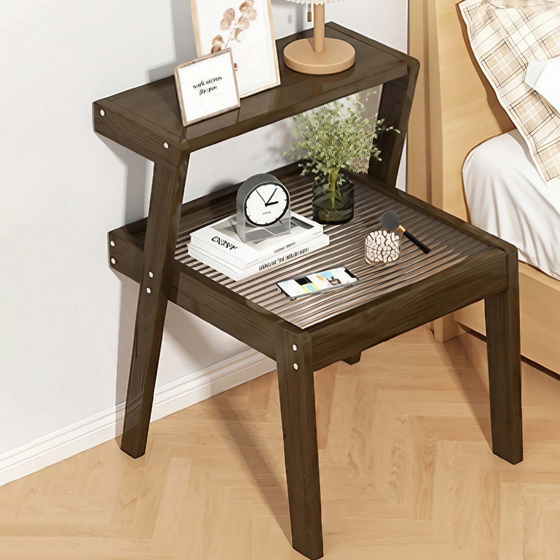 Minimalist Wood Glass 2-Tier Nightstand