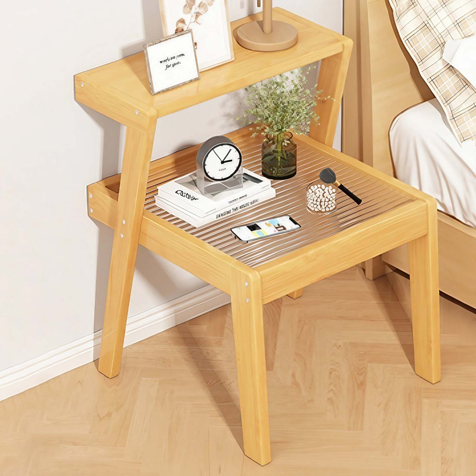 Minimalist Wood Glass 2-Tier Nightstand — Gray