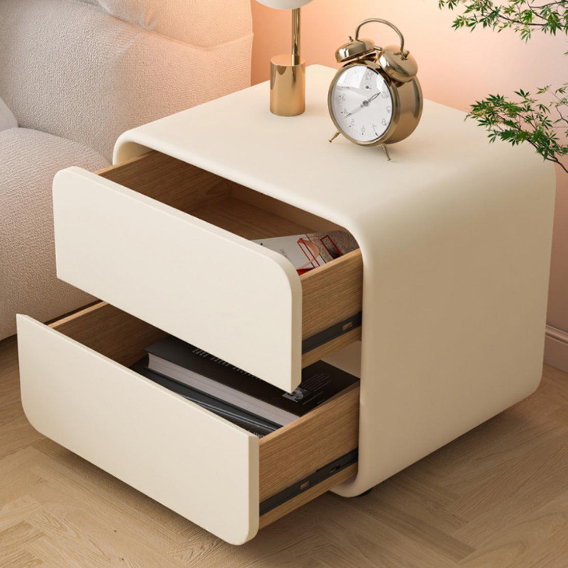 Scandinavian Wood Veneer 2-Drawer Nightstand — Green