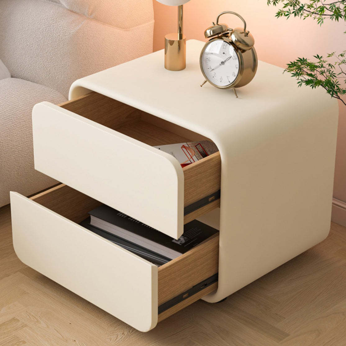 Scandinavian Wood Veneer 2-Drawer Nightstand — Green