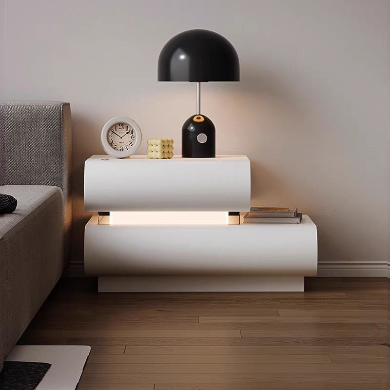 Minimalist Cream Wood Rock Slab Double Nightstand 2-Drawer