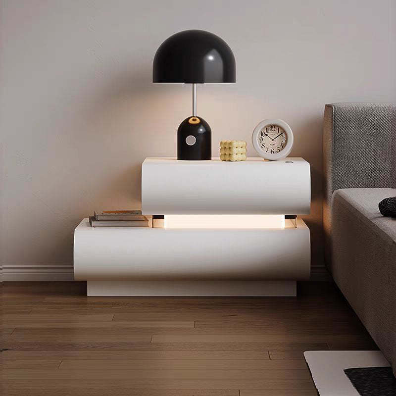 Minimalist Cream Wood Rock Slab Double Nightstand 2-Drawer — Left Side / Gray