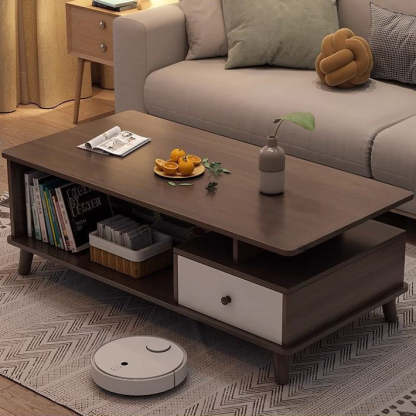 Minimalist Wood Engineered Wood Coffee Table — One Original Wood Color Drawer + One Original Wood Color Cabinet