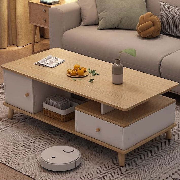 Minimalist Wood Engineered Wood Coffee Table — One White Drawer + One White Cabinet