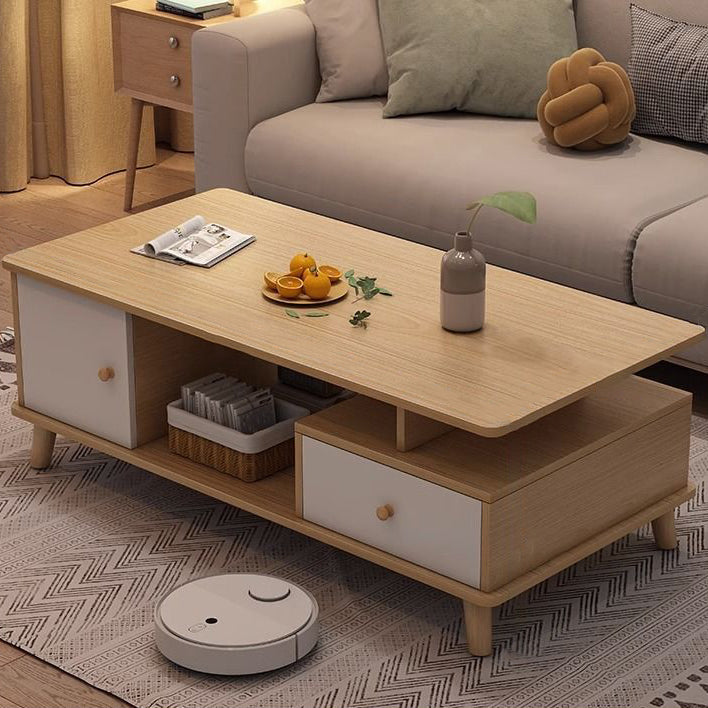 Minimalist Wood Engineered Wood Coffee Table — One Original Wood Color Drawer + One Original Wood Color Cabinet