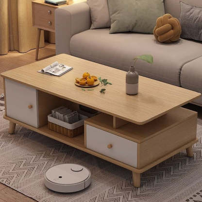 Minimalist Wood Engineered Wood Coffee Table — One Original Wood Color Drawer + One Original Wood Color Cabinet