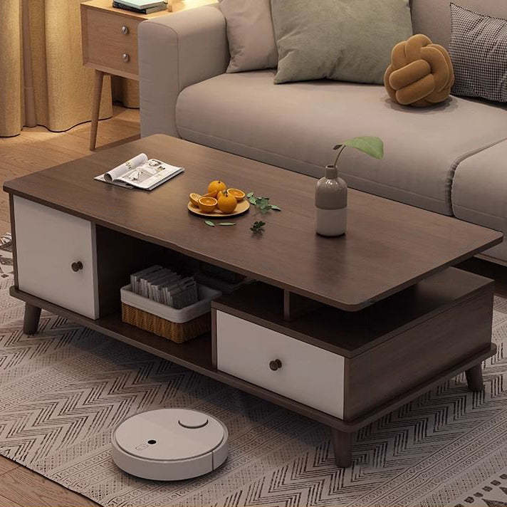 Minimalist Wood Engineered Wood Coffee Table — One Walnut Color Drawer + One Walnut Color Cabinet