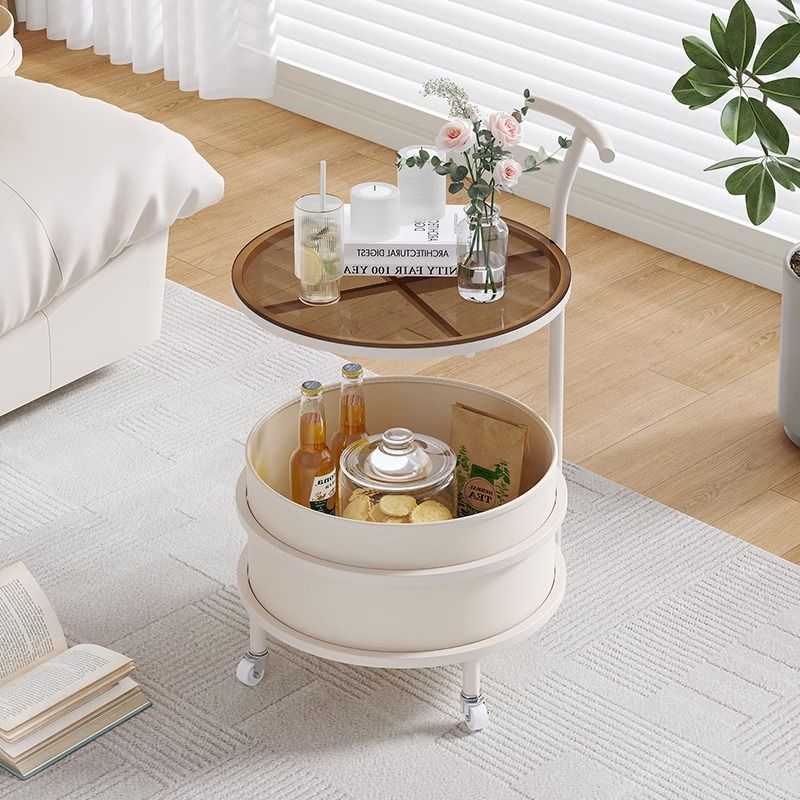 Minimalist Cream Glass Round End Table 2-Tier