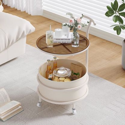 Minimalist Cream Glass Round End Table 2-Tier