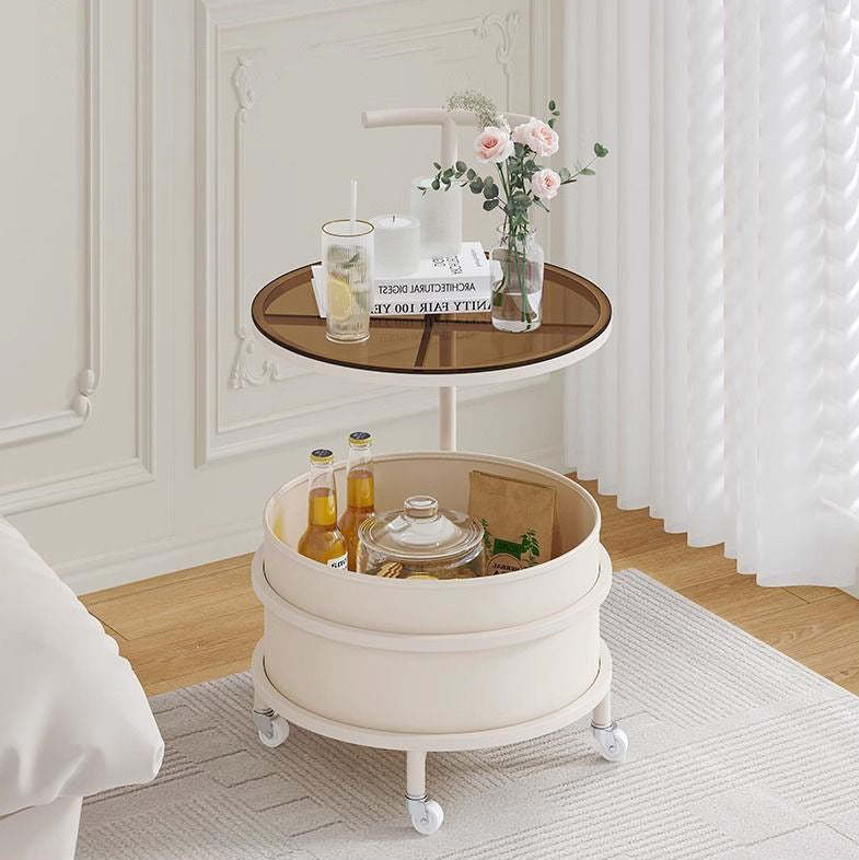 Minimalist Cream Glass Round End Table 2-Tier — Black