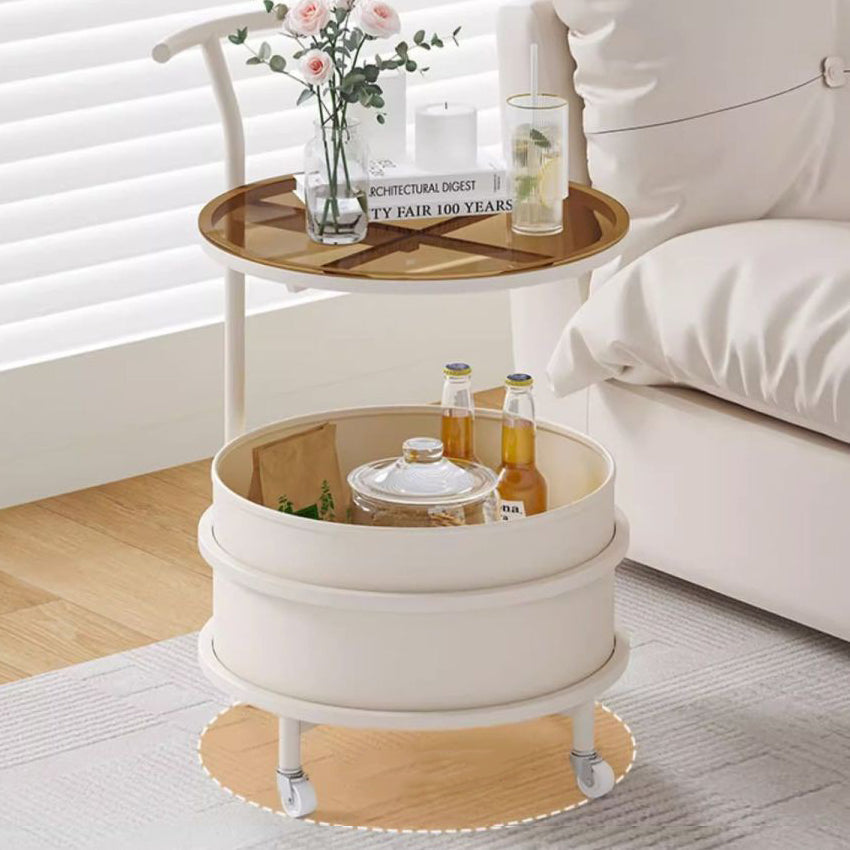 Minimalist Cream Glass Round End Table 2-Tier — Brown
