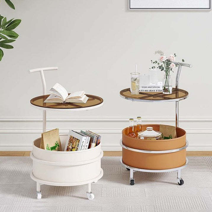 Minimalist Cream Glass Round End Table 2-Tier — Beige