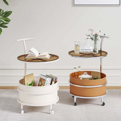 Minimalist Cream Glass Round End Table 2-Tier — Beige