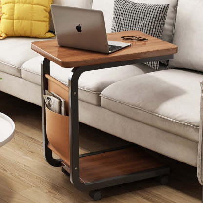 Minimalist Roller Metal Wood End Table — Original Wood Color