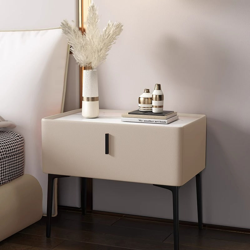 Scandinavian Cream Wood Rock Slab Nightstand — Pale Gray
