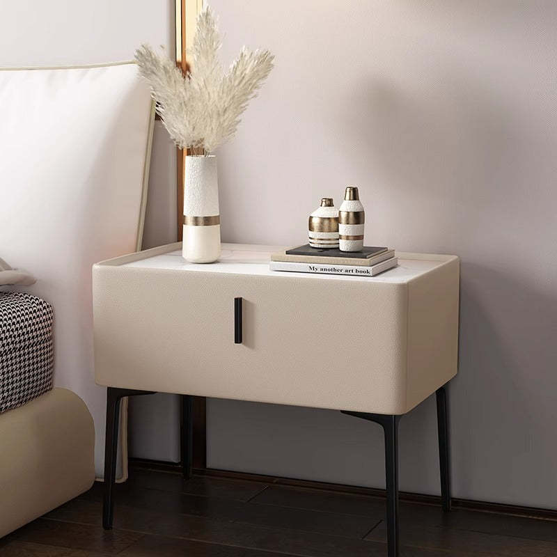 Scandinavian Cream Wood Rock Slab Nightstand — Pale Gray