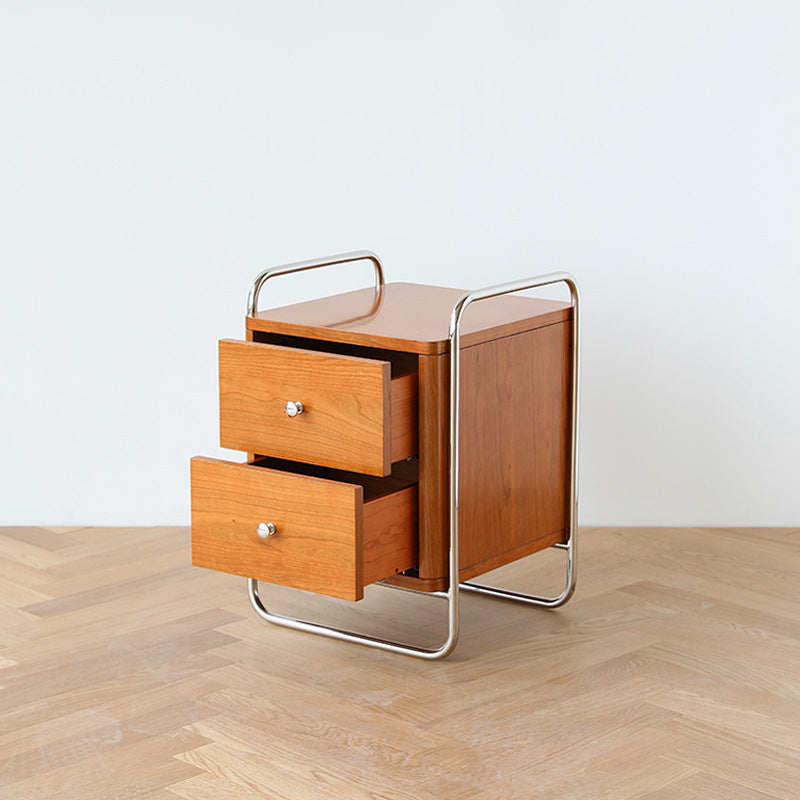 Chinese Cherry Wood Square Nightstand 2-Drawer