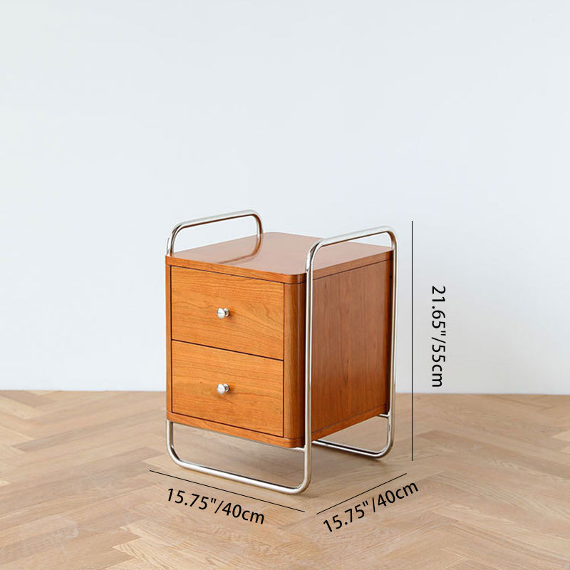 Chinese Cherry Wood Square Nightstand 2-Drawer
