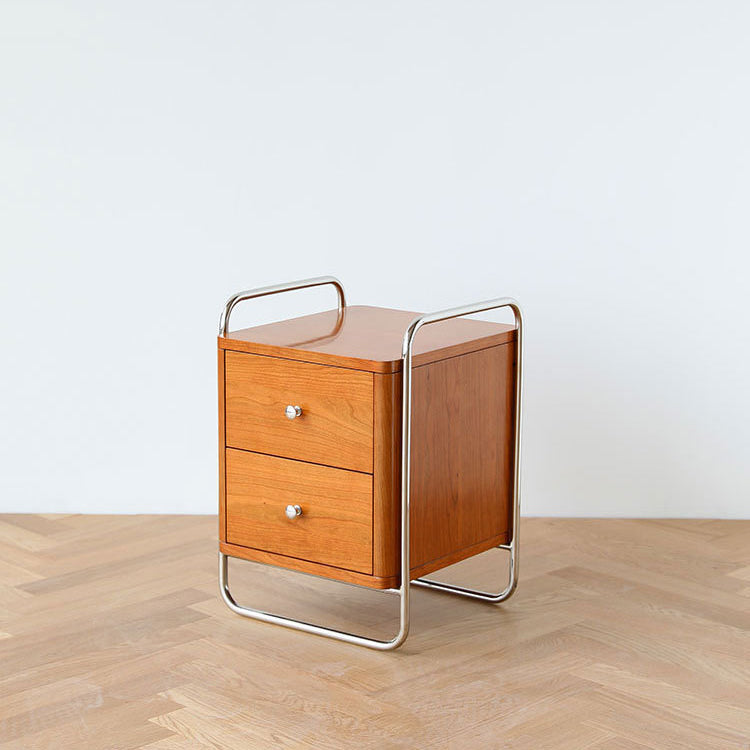Chinese Cherry Wood Square Nightstand 2-Drawer