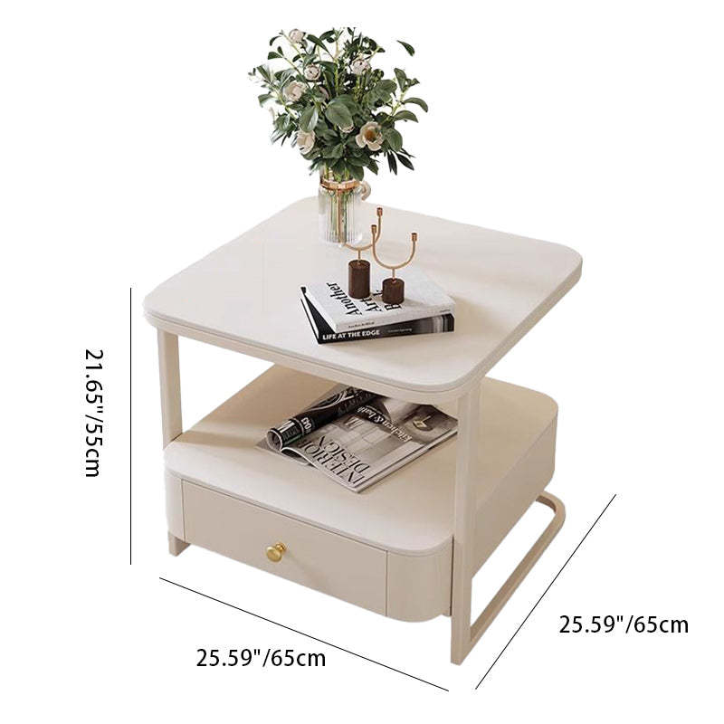 Scandinavian Cream Metal Square End Table 1-Drawer — Pure White Rock Slab