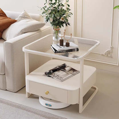 Scandinavian Cream Metal Square End Table 1-Drawer — Snowy Mountain White Slab