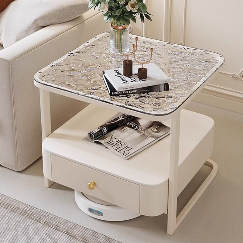 Scandinavian Cream Metal Square End Table 1-Drawer — Water Ripple Glass