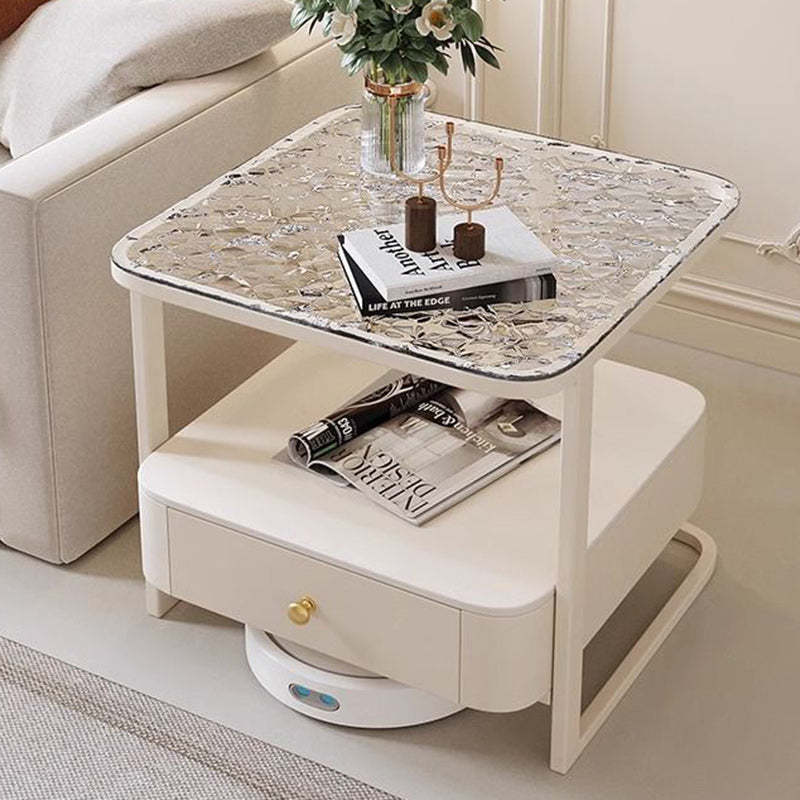 Scandinavian Cream Metal Square End Table 1-Drawer — Water Ripple Glass