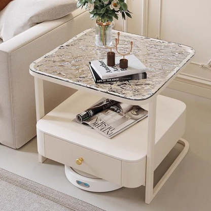 Scandinavian Cream Metal Square End Table 1-Drawer — Water Ripple Glass