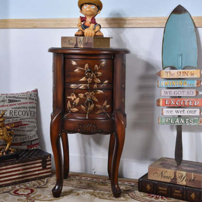 Vintage Cylindrical Wood Glass Side Table — Walnut Color