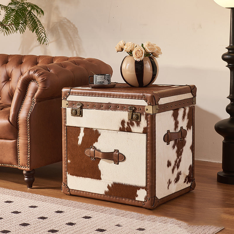 Vintage Cow Wood Veneer 2-Tier End Table