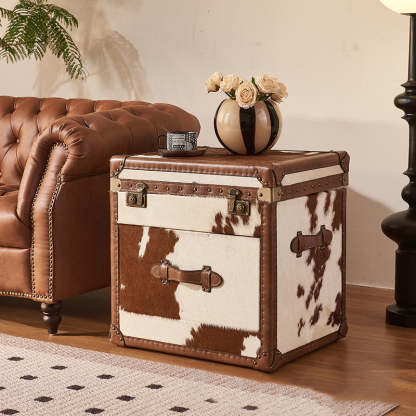 Vintage Cow Wood Veneer 2-Tier End Table