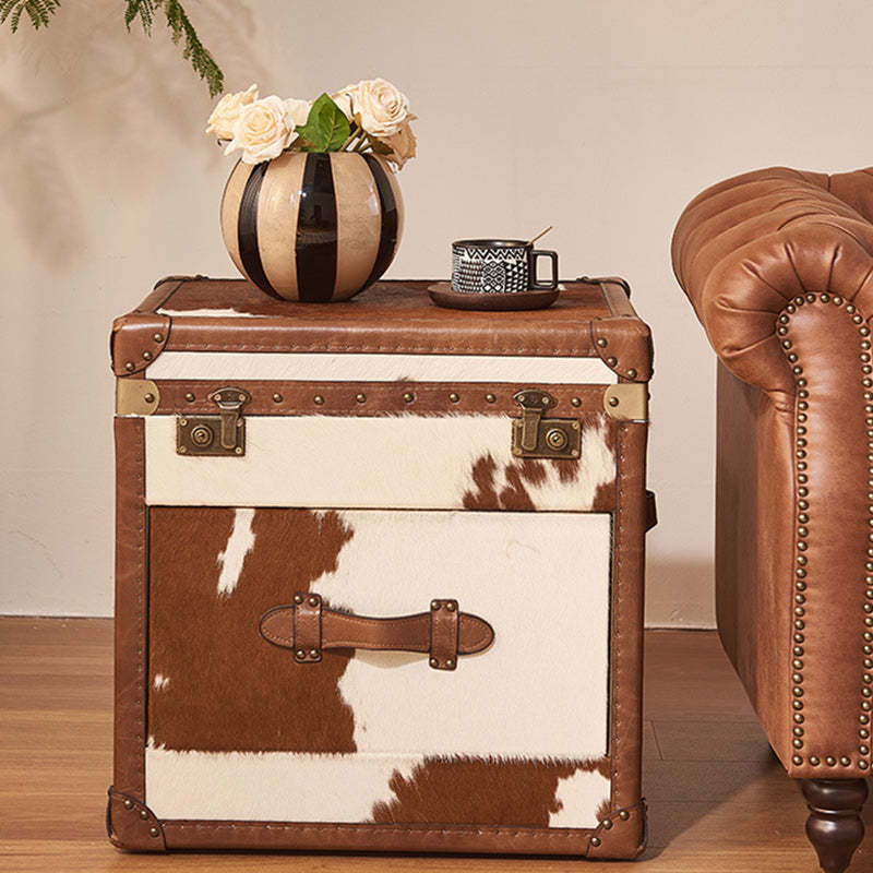Vintage Cow Wood Veneer 2-Tier End Table