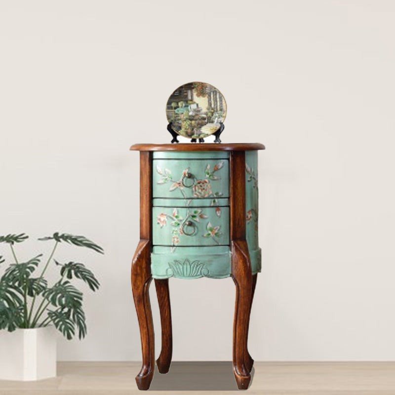 Vintage Cylindrical Wood Glass Side Table — Green