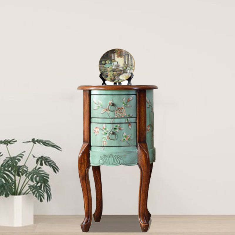 Vintage Cylindrical Wood Glass Side Table — Green
