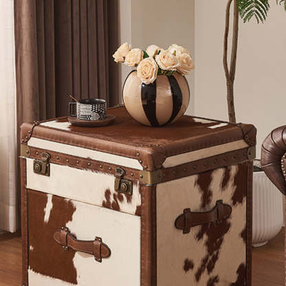Vintage Cow Wood Veneer 2-Tier End Table