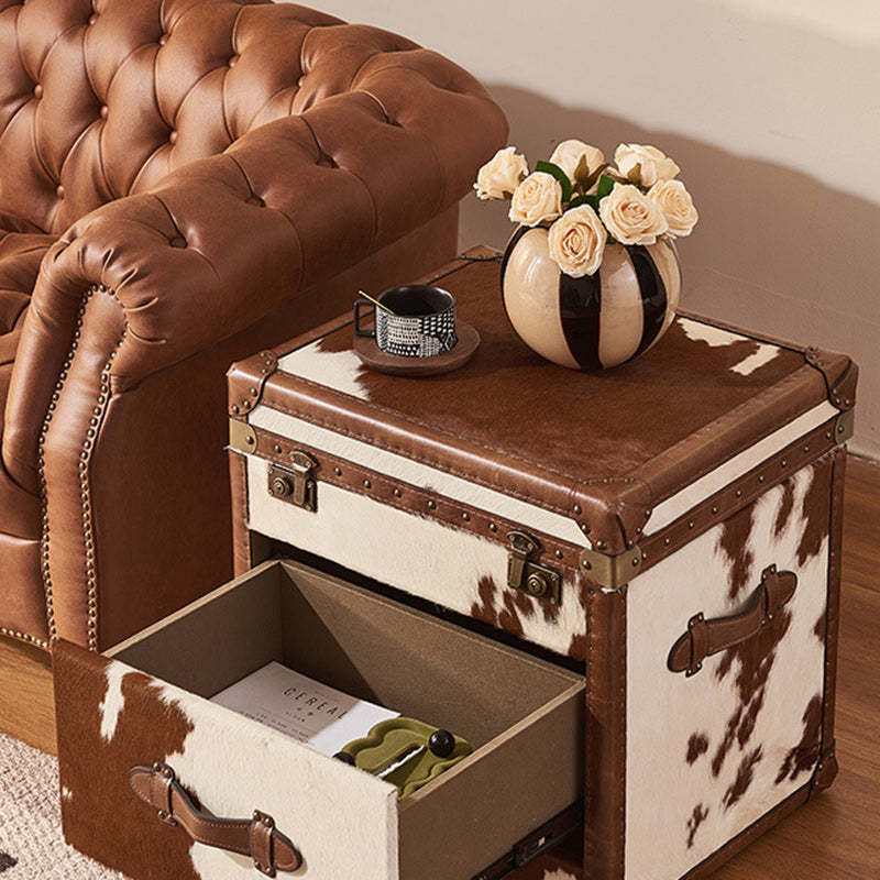 Vintage Cow Wood Veneer 2-Tier End Table