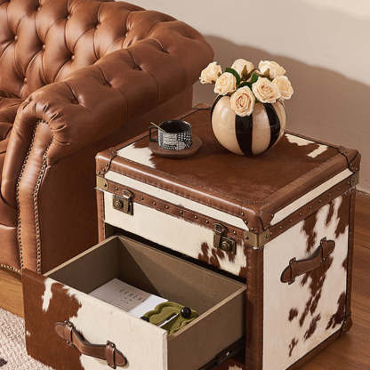 Vintage Cow Wood Veneer 2-Tier End Table