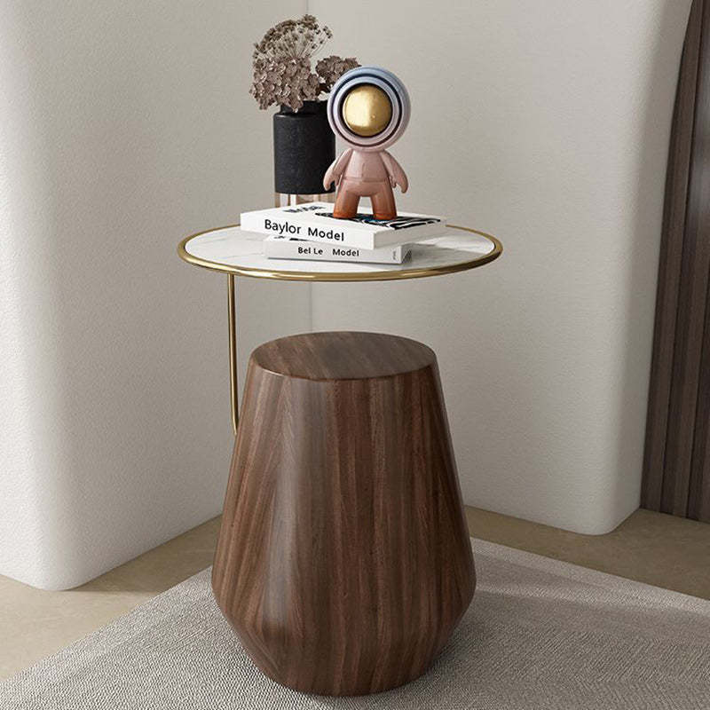 Stainless Steel Marble Wood Coffee Table — Walnut Color