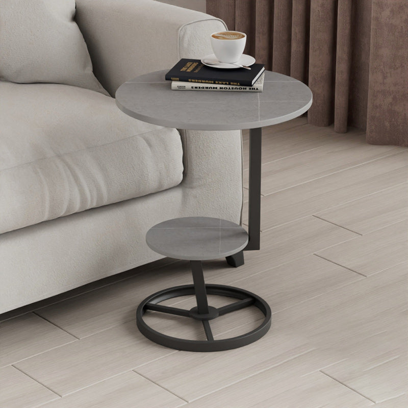 Round Iron Rock Slab End Table — Black Frame + Gray Board