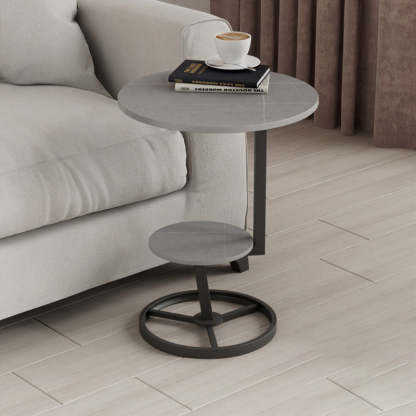 Round Iron Rock Slab End Table — Black Frame + Gray Board
